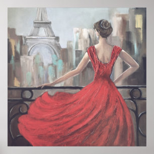 Poster Mulher Artística em vestido vermelho em Paris