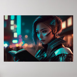 Poster Mulher asiática lendo à noite em cidade do futuro