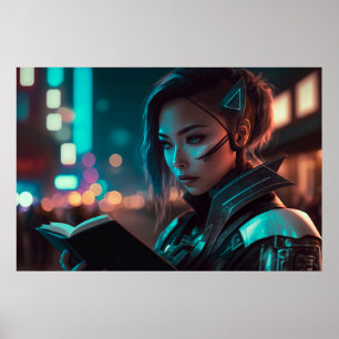 Poster Mulher asiática lendo à noite em cidade do futuro