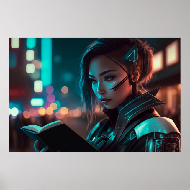 Poster Mulher asiática lendo à noite em cidade do futuro (Frente)