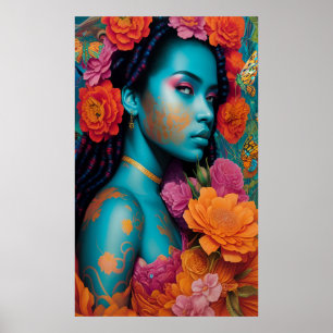 Poster Mulher azul com cabelo espiral