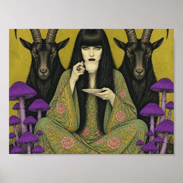 Poster Mulher Bebe Chá Com Dois Cabritos Pretos (Frente)