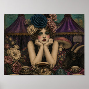 Poster Mulher Bebe Chá no Circo Com Bode Preto
