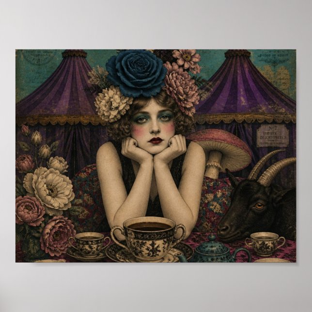 Poster Mulher Bebe Chá no Circo Com Bode Preto (Frente)