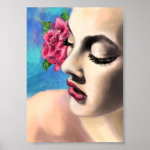 Poster Mulher Bela com Rosa vermelha - Pintura Original