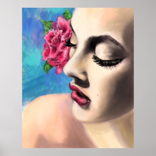 Poster Mulher Bela com Rosa vermelha - Pintura Original (Frente)