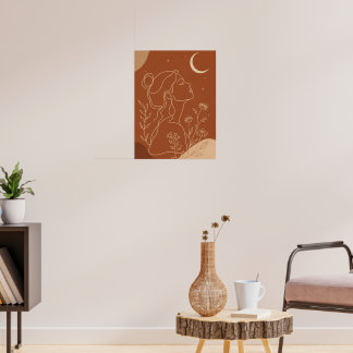 Poster Mulher Boho Celestial Arte de Linha com Lua e Estr