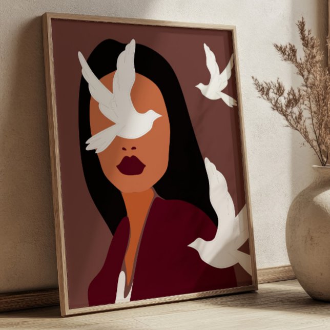 Poster Mulher Boho Chic com Pombas Brancas Arte Minimalis (Criador carregado)