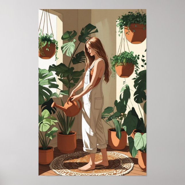 Poster Mulher Boho Regando Plantas Internas (Frente)