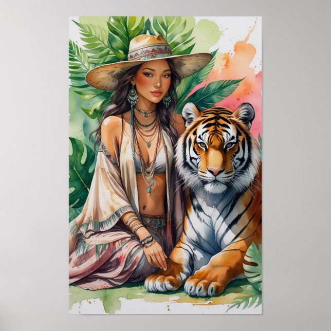 Poster Mulher boho serena e linda e seu tigre (Frente)