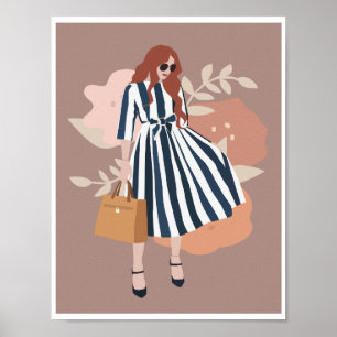 Poster Mulher Boho Vestido Listrado Azul Arte Floral da M