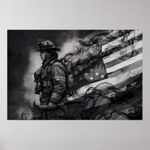 Poster Mulher Bombeira Fumaça Tributo à Bandeira American