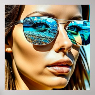 Poster Mulher Bonita com Reflexo de Óculos de Sol de Prai