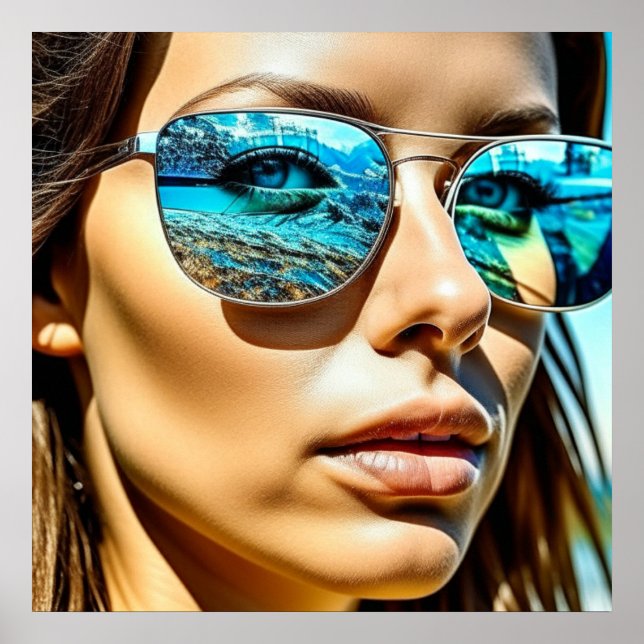 Poster Mulher Bonita com Reflexo de Óculos de Sol de Prai (Frente)