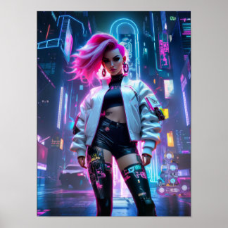 Poster Mulher bonita Cyberpunk na futura cidade