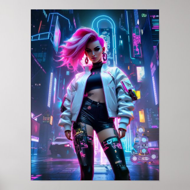 Poster Mulher bonita Cyberpunk na futura cidade (Frente)