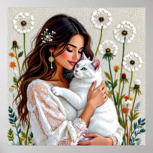 Poster Mulher Bonita, Gato e Dandelions