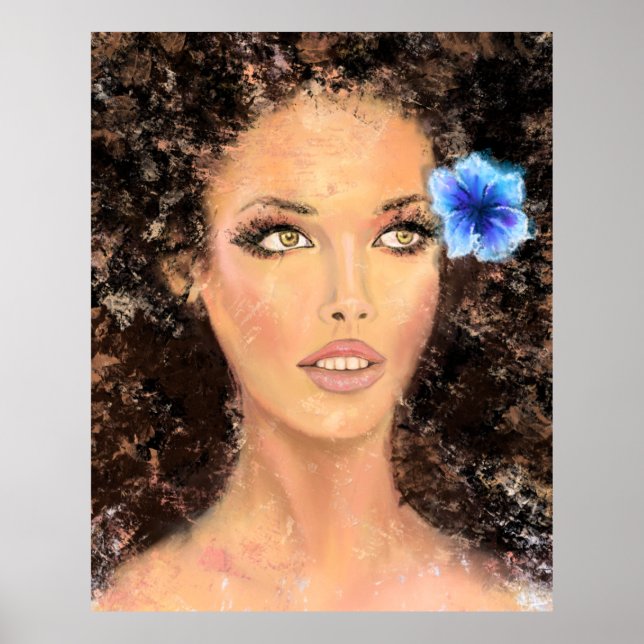 Poster Mulher bonito com Flor Azul - Pintura Original (Frente)