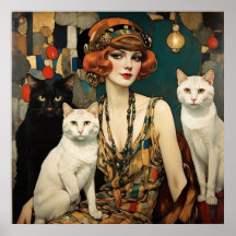 Mulher Bonito Vintage com Gatos Pretos e Brancos