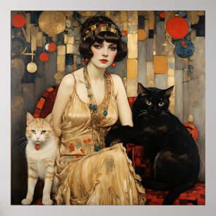 Poster Mulher Bonito Vintage com Gatos Pretos e Brancos
