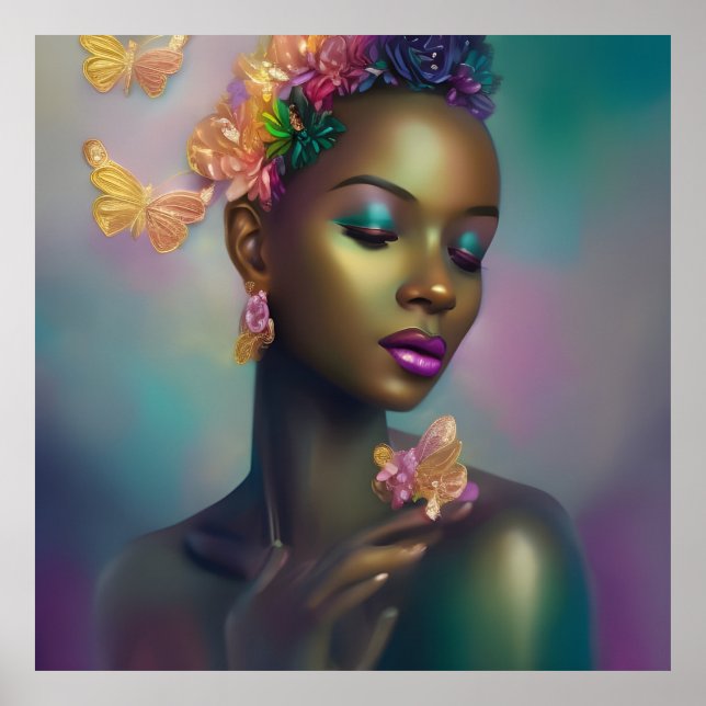 Poster Mulher Borboleta Arco-íris Africana Mágica (Frente)