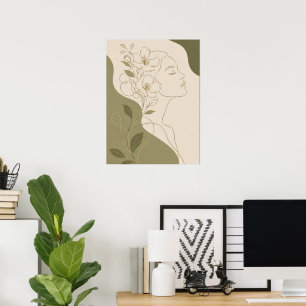 Poster Mulher Botânica Elegante Arte de Linha Facial e Ol