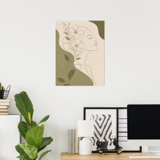 Poster Mulher Botânica Elegante Arte de Linha Facial e Ol