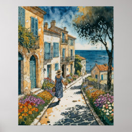 Poster Mulher caminha numa aldeia costeira francesa