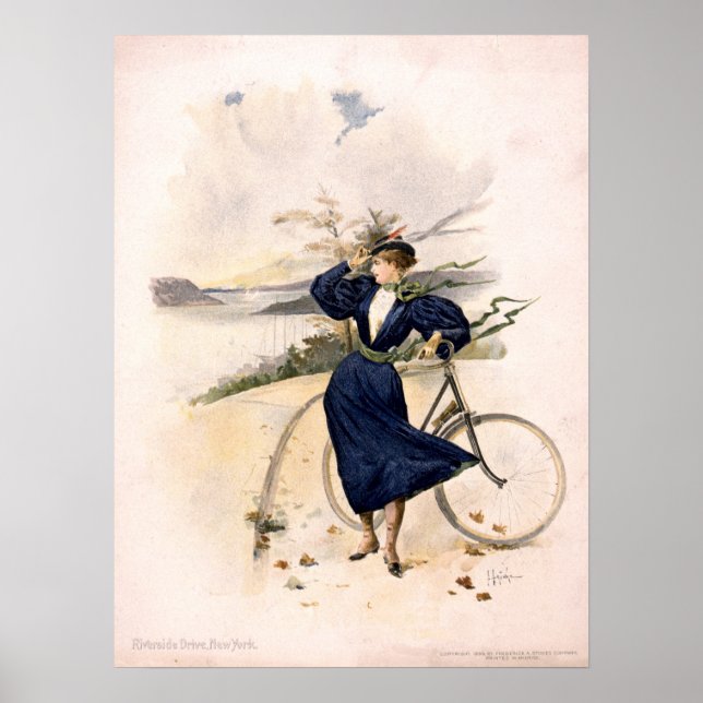 Poster Mulher com bicicleta em Riverside Drive, Nova York (Frente)