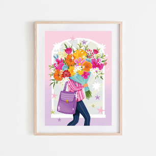 Poster Mulher com Buquê Floral Ilustração Colorida