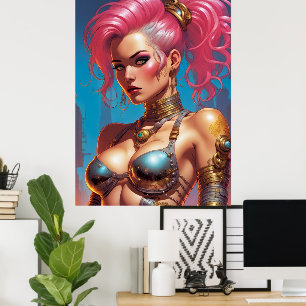 Poster Mulher Com Cabelo Rosa Bonito