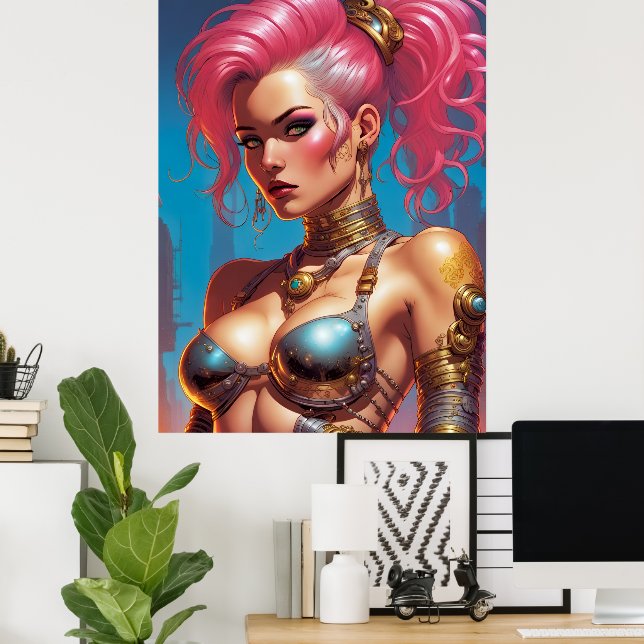 Poster Mulher Com Cabelo Rosa Bonito (Escritório em casa)