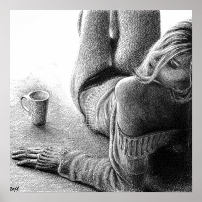 Poster Mulher com café da manhã Lápis desenhando arte (Frente)