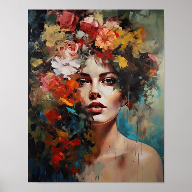 Poster Mulher Com Cartaz de Arte de Cabeça de Flor (Frente)