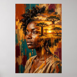 Poster Mulher com dupla exposição do pôr do sol na savana