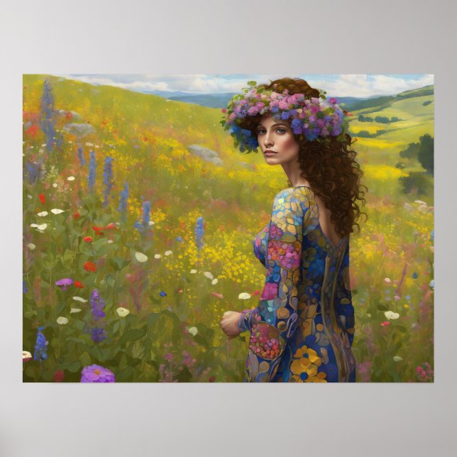 Poster Mulher com flores selvagens na Arte do Campo (Frente)