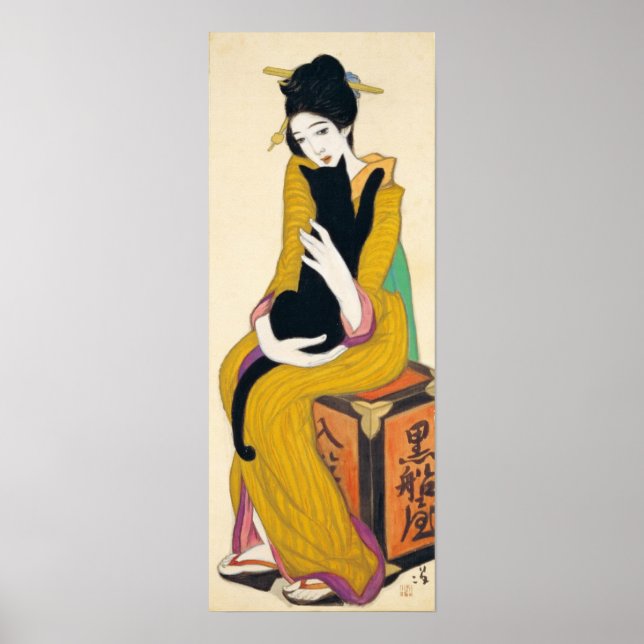 Pôster Mulher com gato negro, Yumeji Takehisa (Frente)