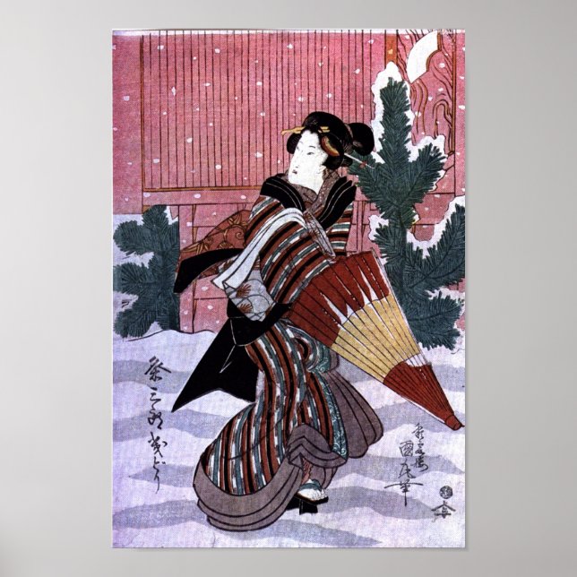 Poster Mulher com guarda-chuva na neve (Frente)