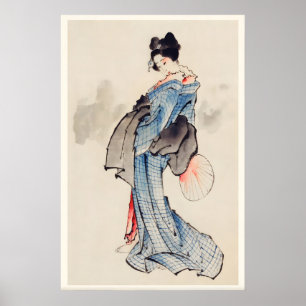 Poster Mulher Com Quimono De Desenho Xadrez Arte Japonesa