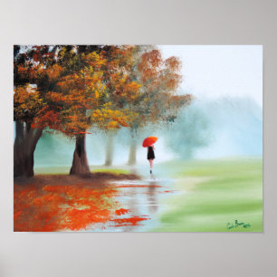 Pôster Mulher com uma arte vermelha da paisagem do outono