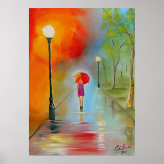 Poster Mulher com uma pintura de dia chuvoso vermelha