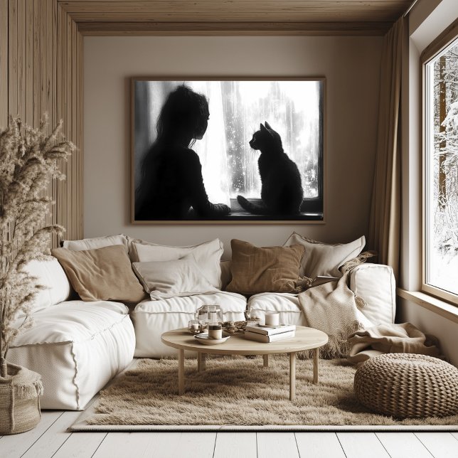 Poster Mulher Contemplativa com Gato em Chuva pela Janela (Criador carregado)