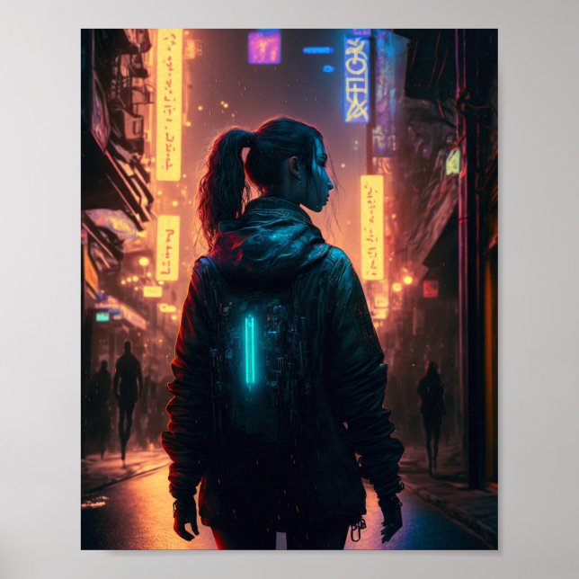 Poster Mulher Cyberpunk na cidade (Frente)