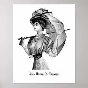 Poster mulher da arte dos 1800s B/W com guarda-chuva