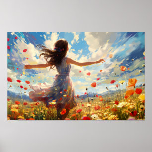 Poster Mulher Dançando Alegremente Em Um Campo De Flores