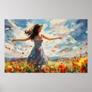 Poster Mulher Dançando Alegremente Em Um Campo De Flores