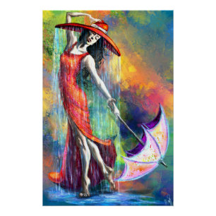 Pôster Mulher dançante com Poster de guarda-chuva