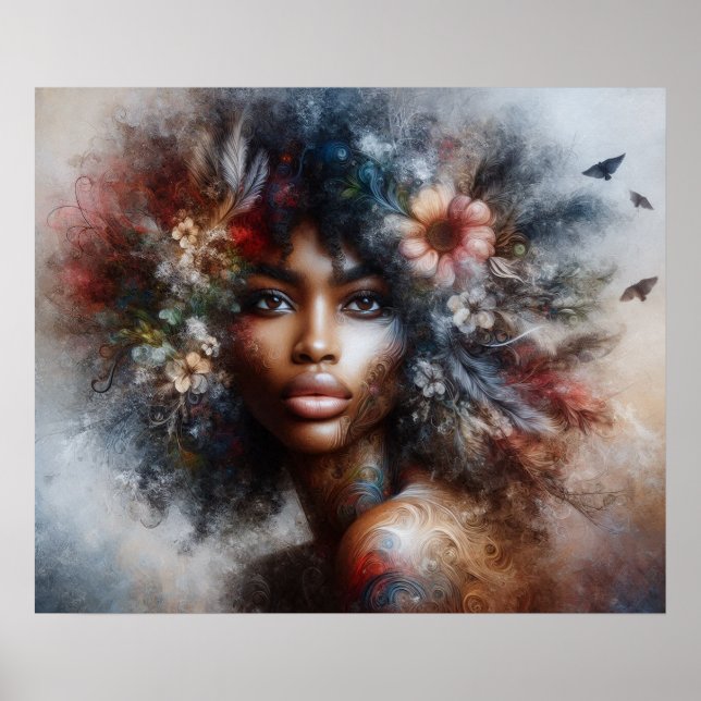 Poster Mulher de alta moda modelo negra bela floral (Frente)