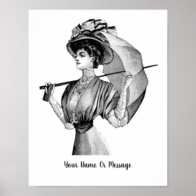 Poster Mulher de arte B/W de 1800 com guarda-chuva (Frente)