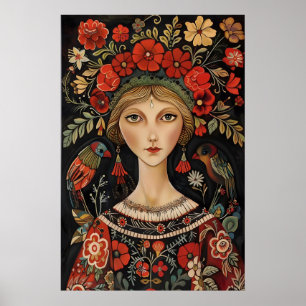 Poster Mulher de Arte Popular Vibrante do Leste Europeu c